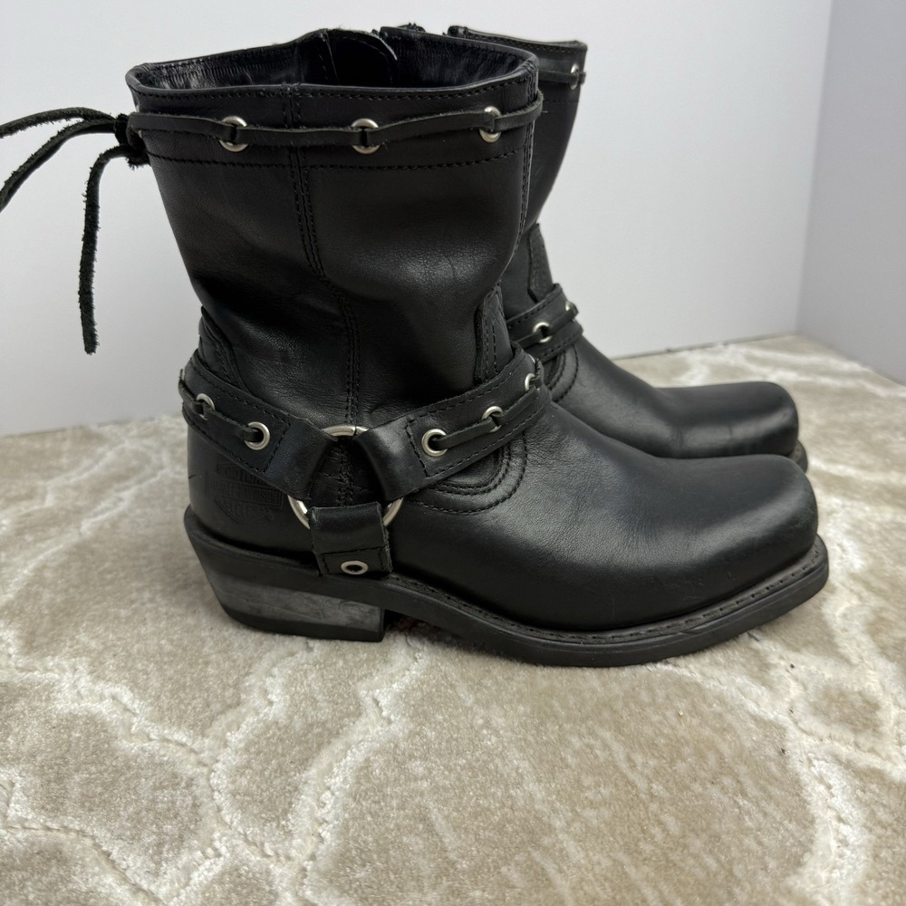 Rare Vintage Harley Davidson Black Ankle Boots Harness Side Zip‎ Women Sz 7 EUC